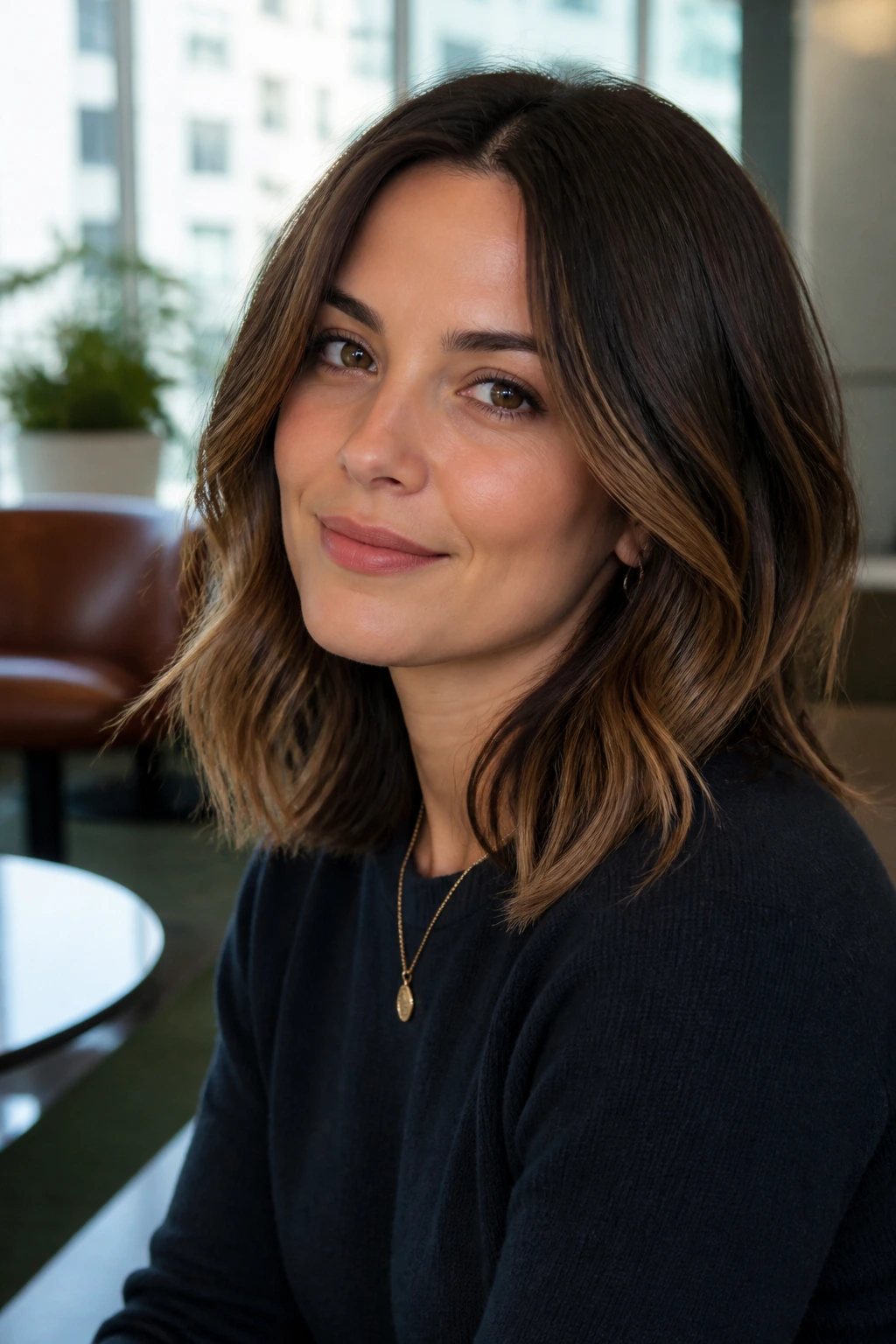 Close-up of a woman with a dark espresso lob and caramel balayage.