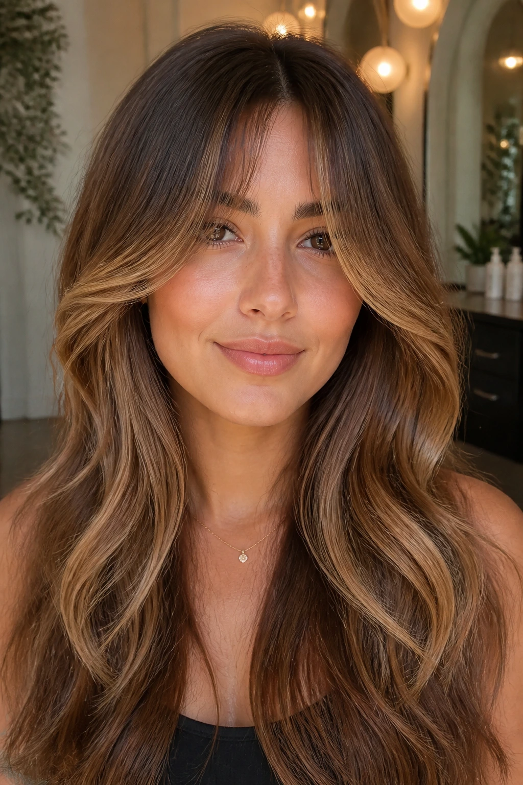 Close-up portrait showing caramel balayage framing the face with curtain bangs.