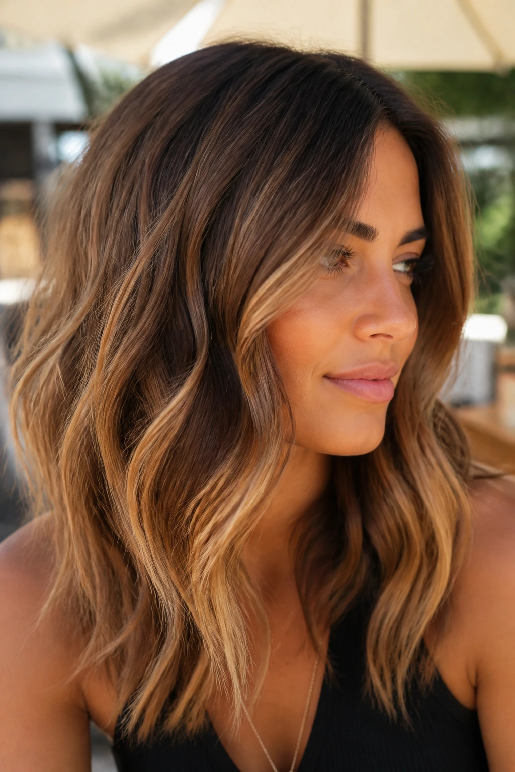 Close-up of woman with soft waves and caramel balayage in sunny light