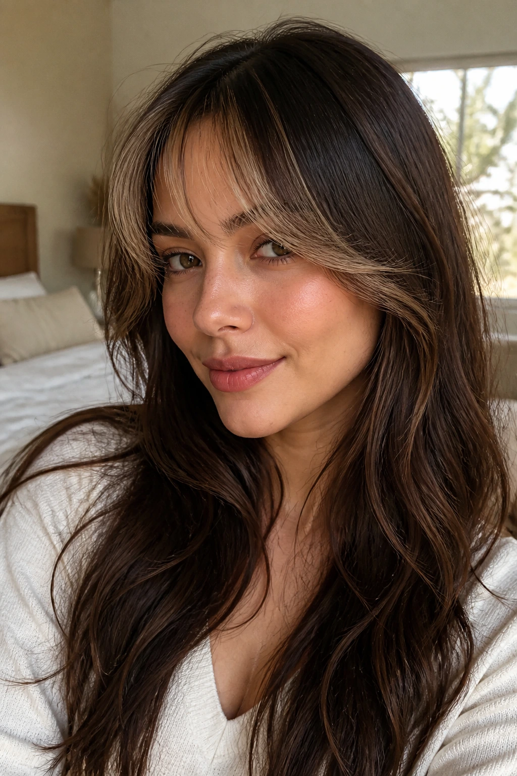 Close-up of a woman with creamy caramel arch bangs on coffee-colored hair