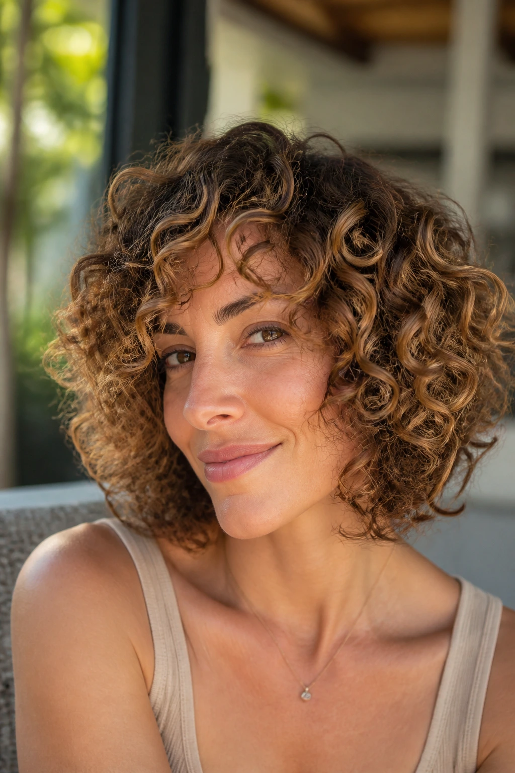 Close-up of a real woman with a caramel-toned curly bob and defined curls