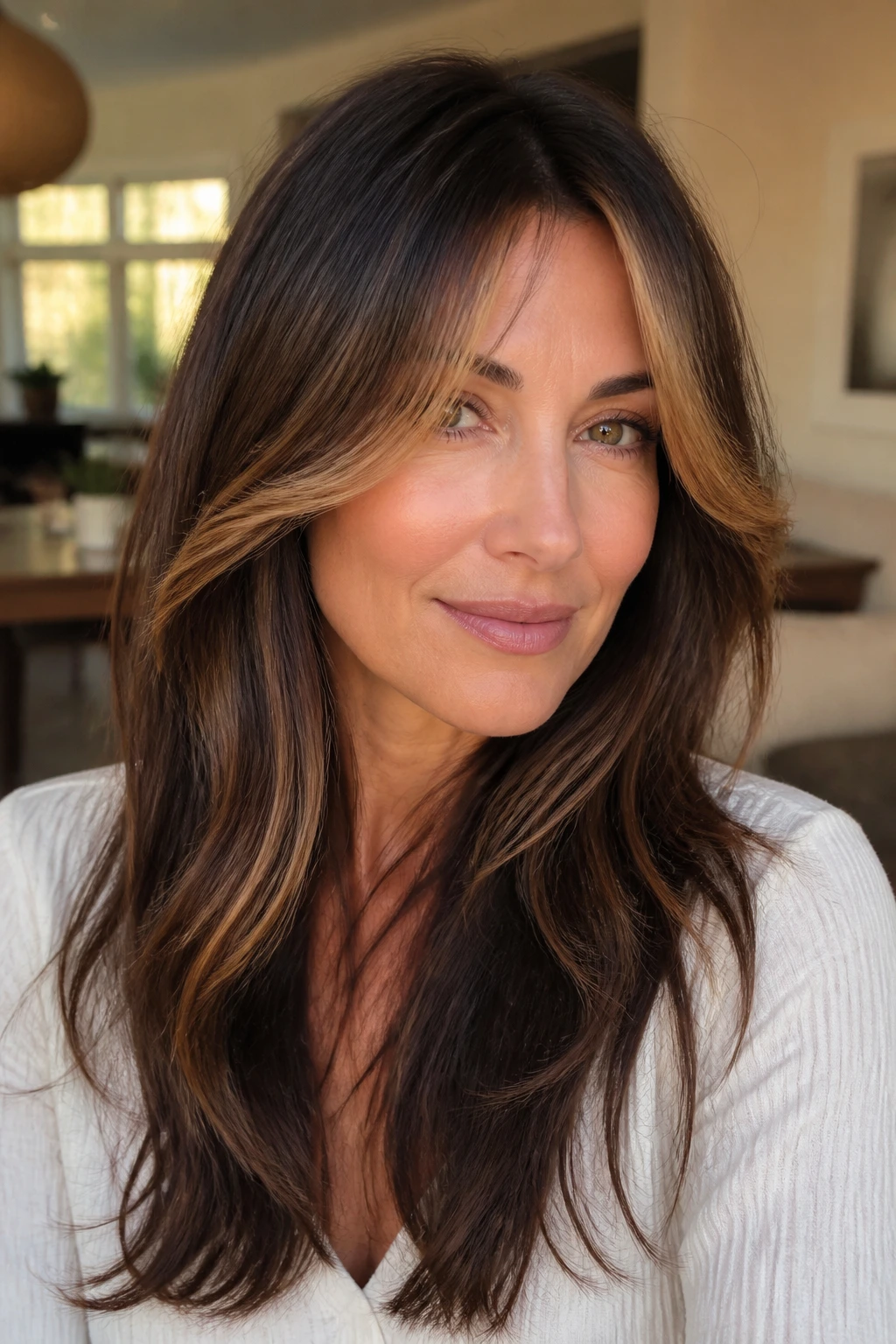 Medium close-up of caramel-highlighted curtain bangs on chocolate brown hair.