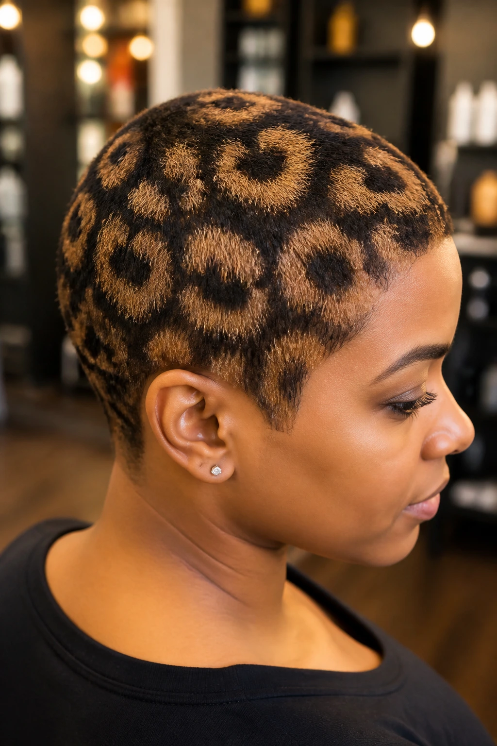 Head-and-shoulders portrait of leopard spots formed by espresso borders and caramel centers