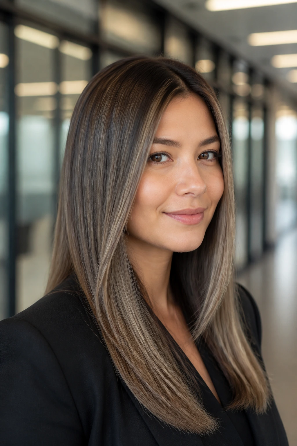 Portrait of a real person with smoky caramel-grey straight hair in an office hallway