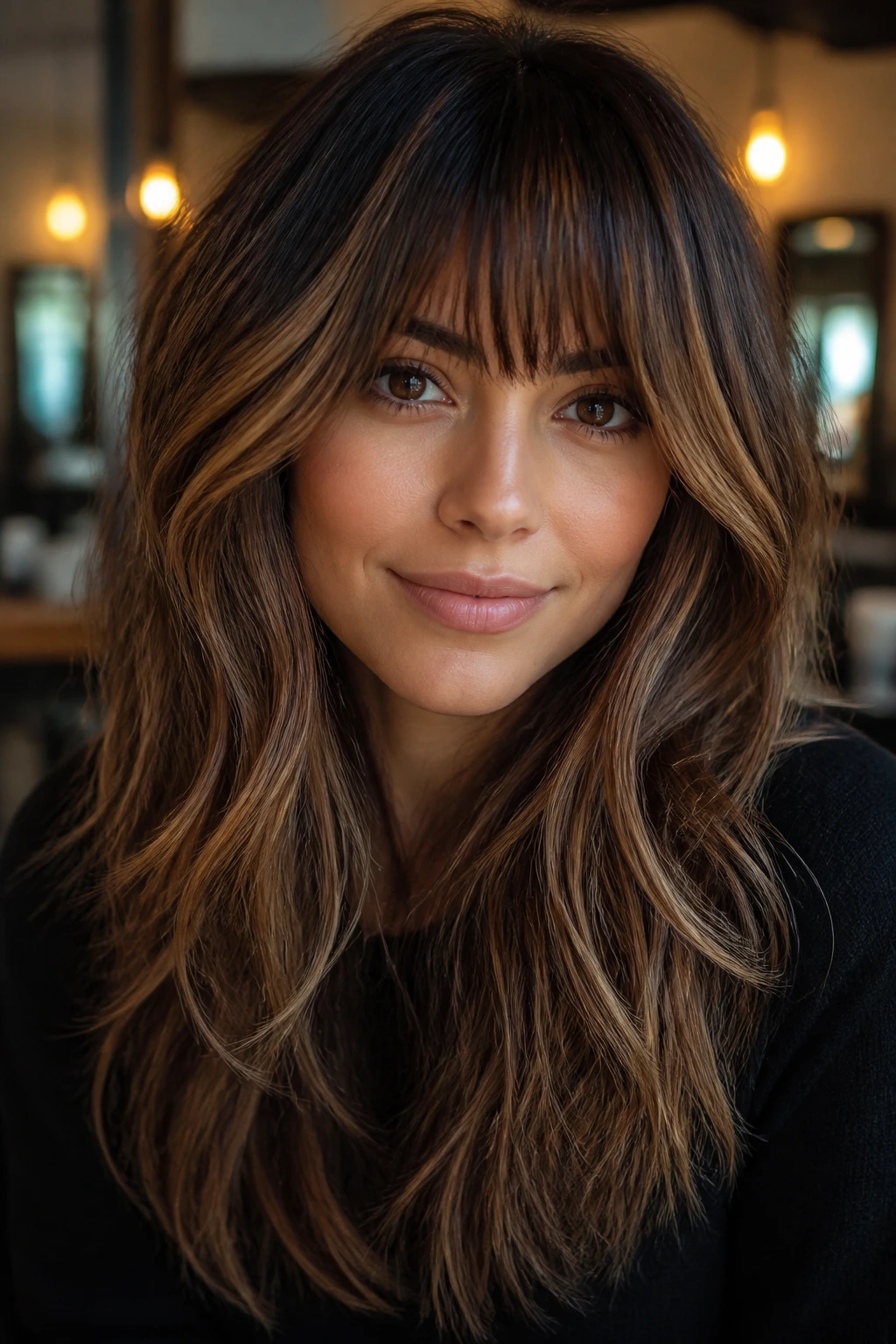 Close-up portrait of a woman with warm caramel highlights and arch bangs