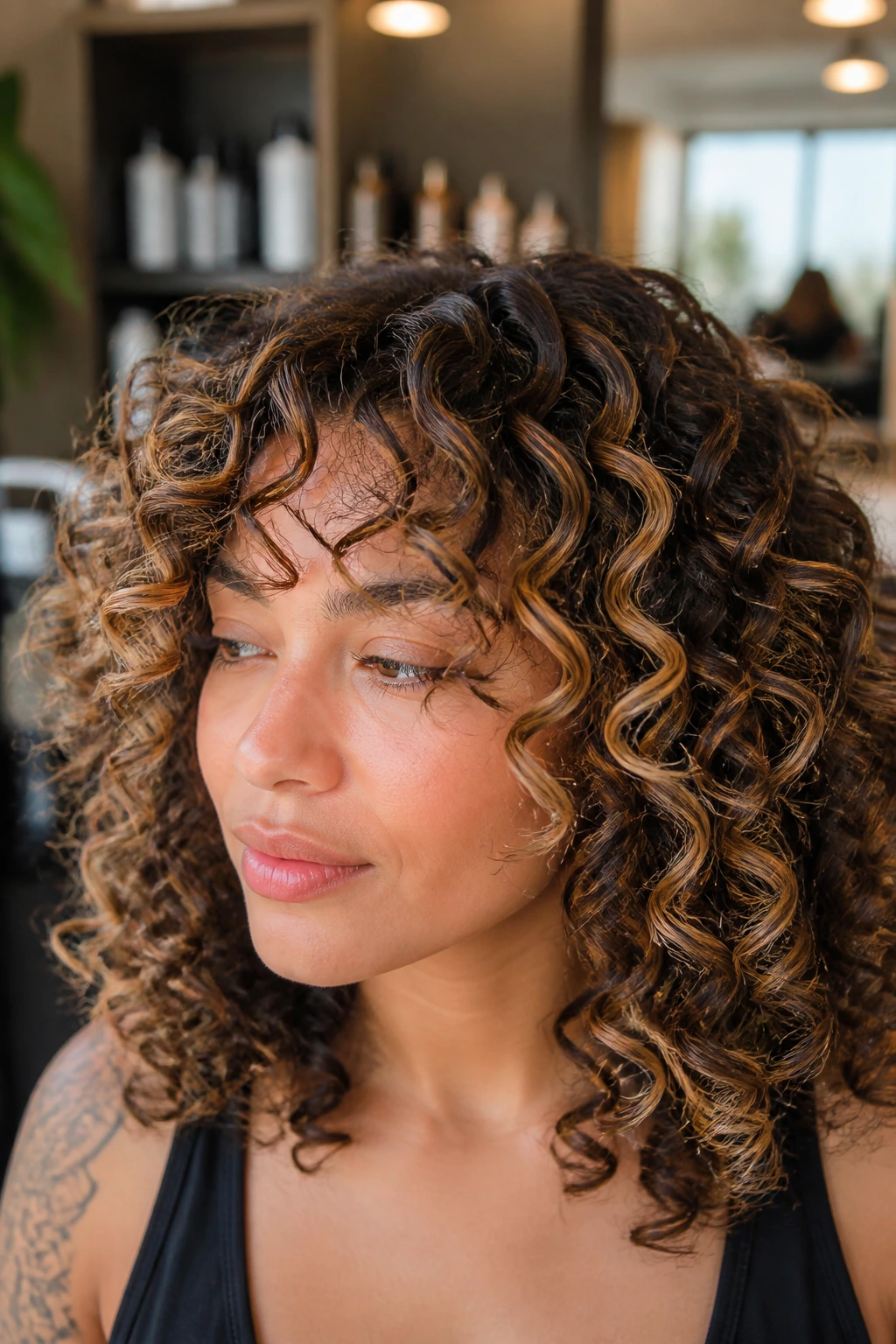 Close-up of Botticelli ringlets with caramel Pintura highlights on a real person