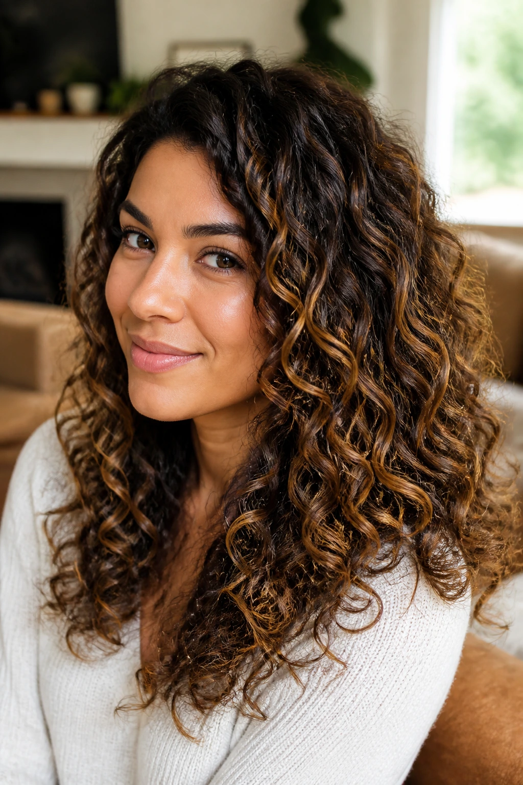 Close-up of a real woman with dark brown curls featuring caramel ribbon balayage mid-lengths to ends.
