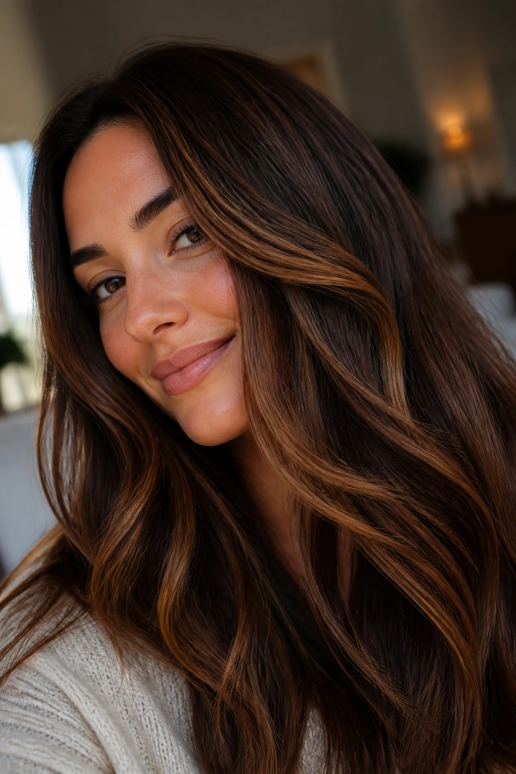 Real woman with caramel swirl highlights on chocolate brown hair