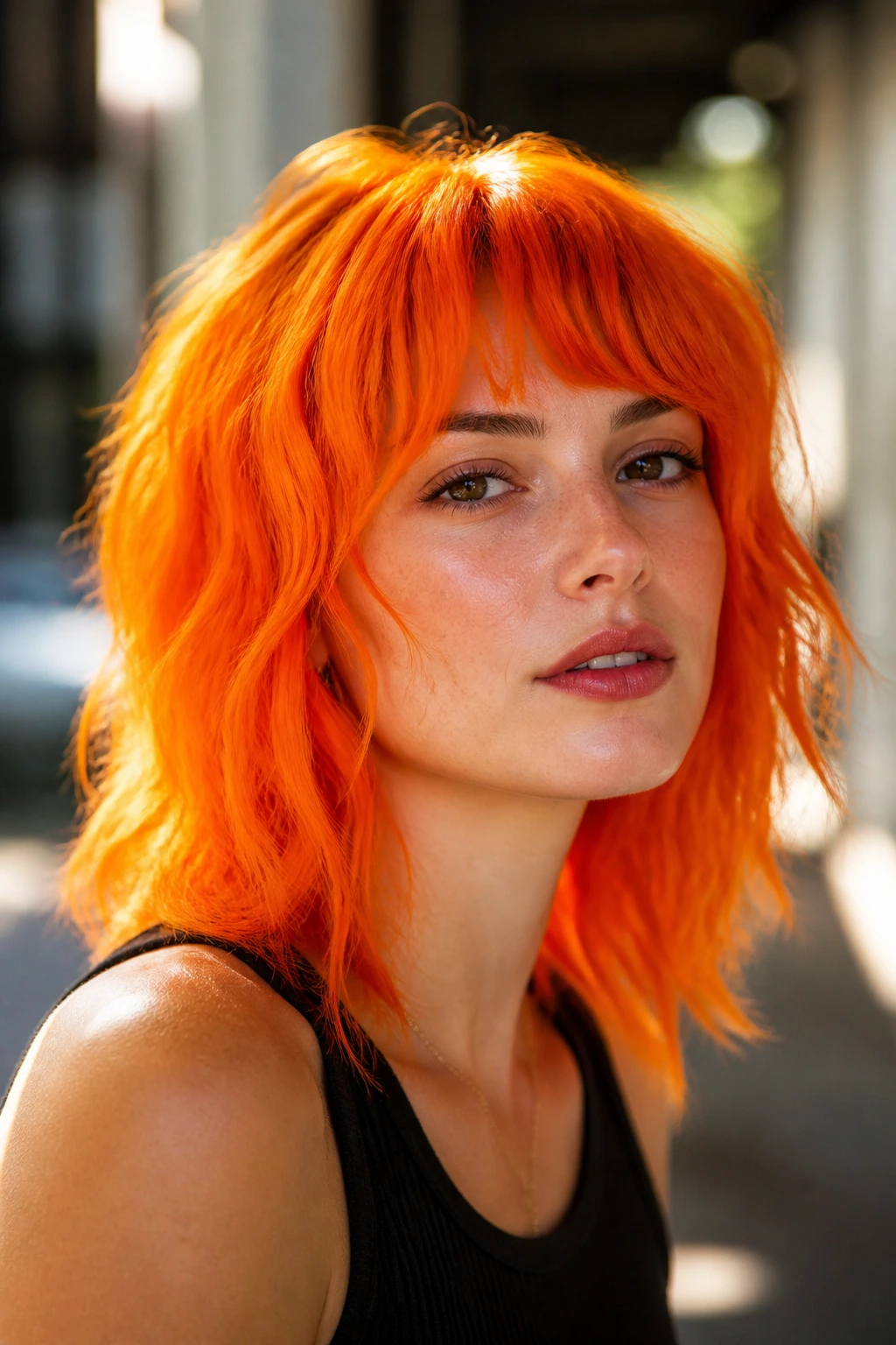 Close-up portrait of a real woman with electric carrot-orange hair in a sunlit hallway