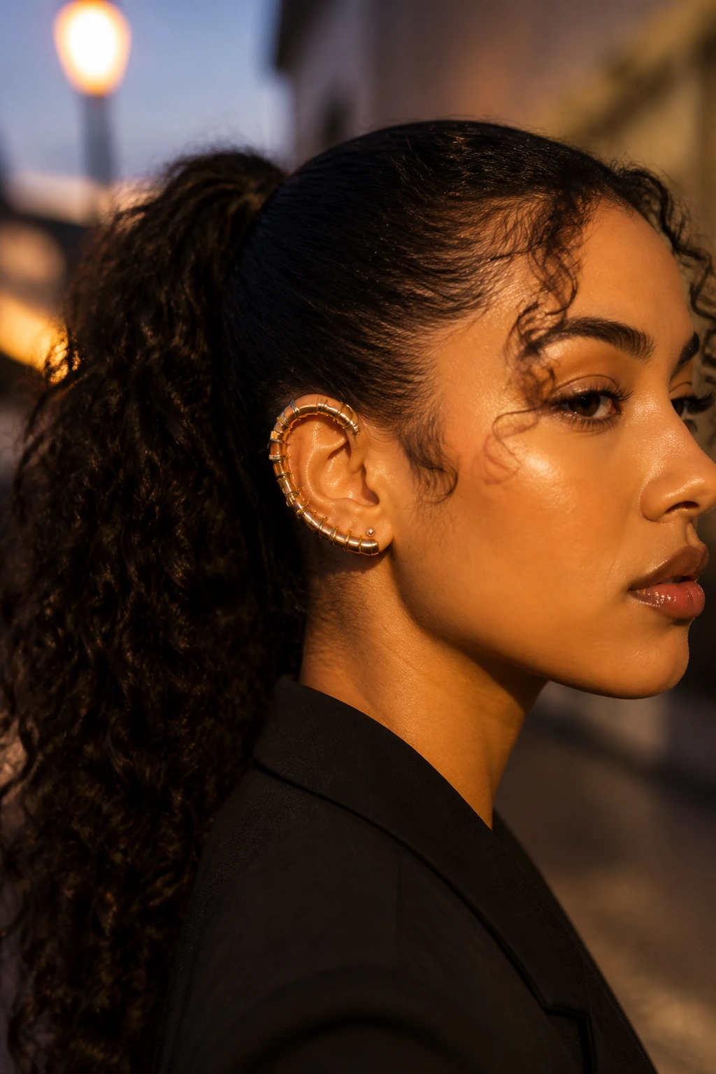 Close-up of ear with full-ear cartilage hugger cuff and high ponytail