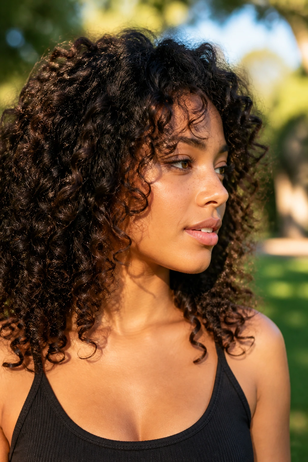 Close-up portrait of a real woman with cascading face-framing curly layers