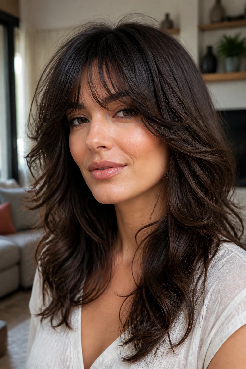 Close-up of a real woman with cascade fringe layers starting short in the middle
