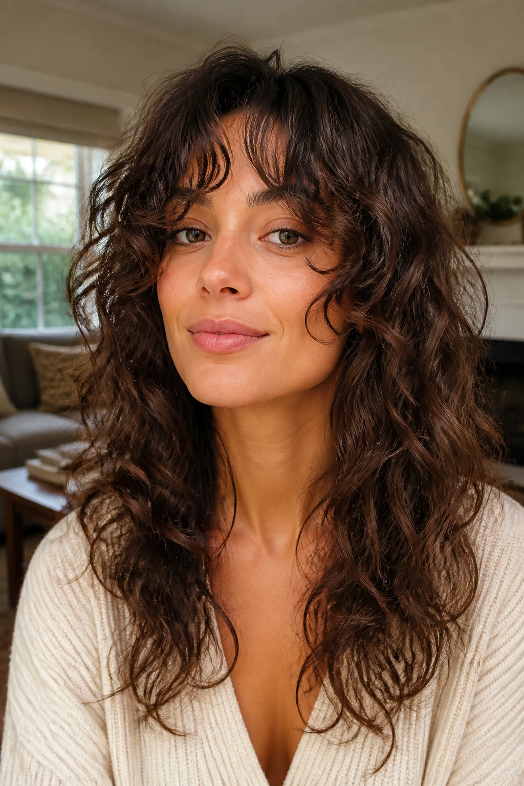 Portrait of a real woman with long cascade face-framing shag bangs.