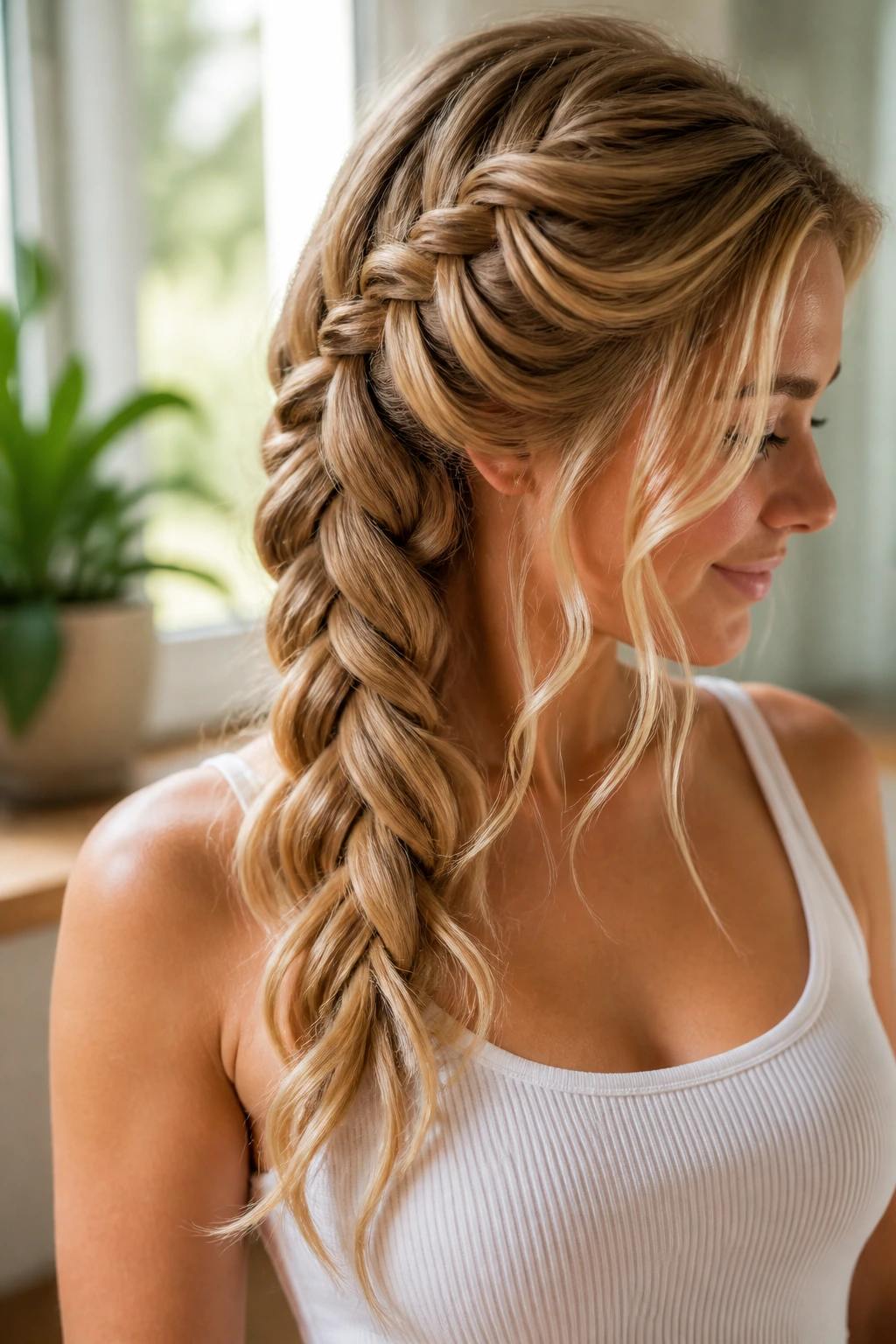 Close-up of a real person with cascading banana braid and loose strands in natural light