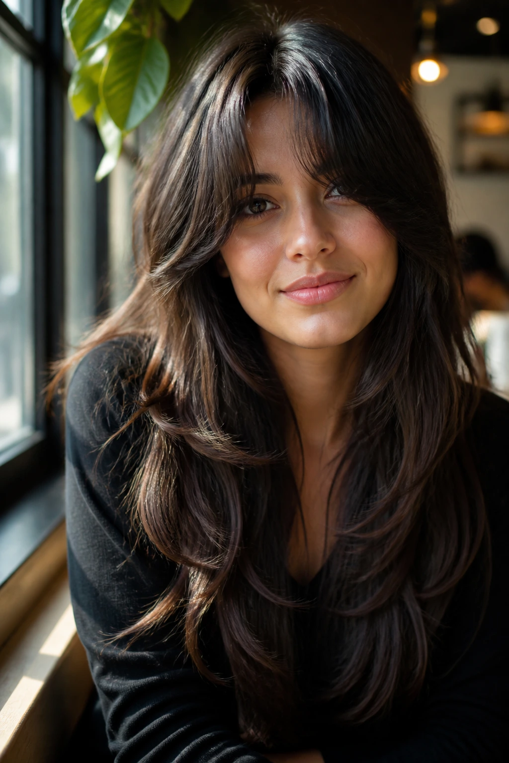 Real woman with cascading long layers and thick center-parted bangs by a sunlit window seat.