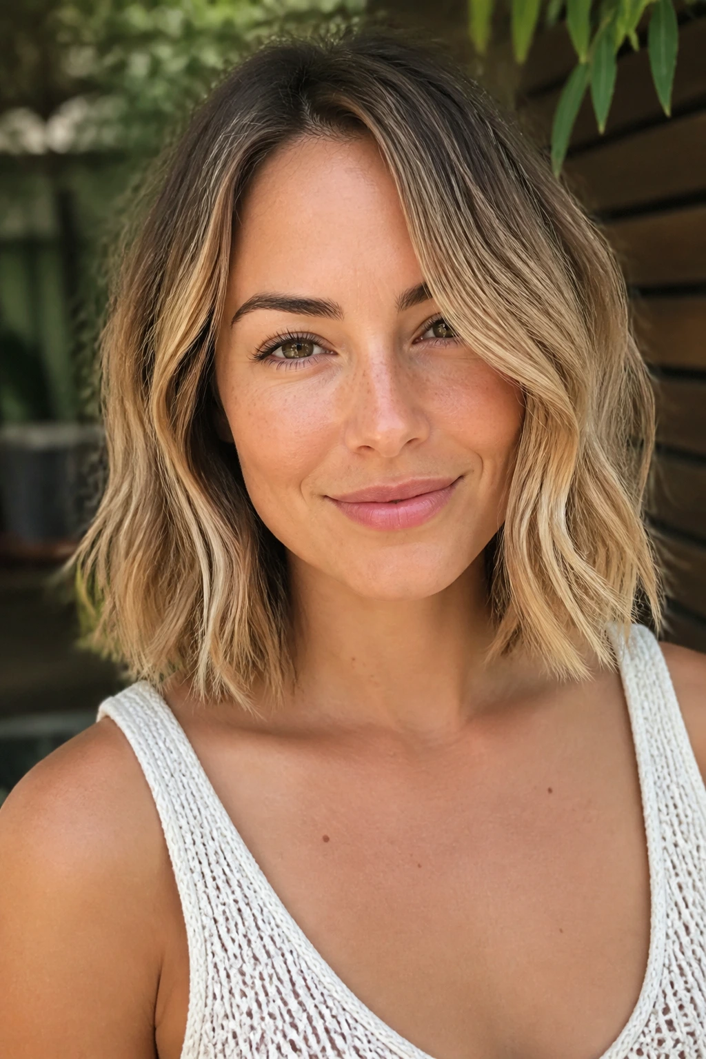 Portrait of a woman with a casual tousled lob and curved ends.