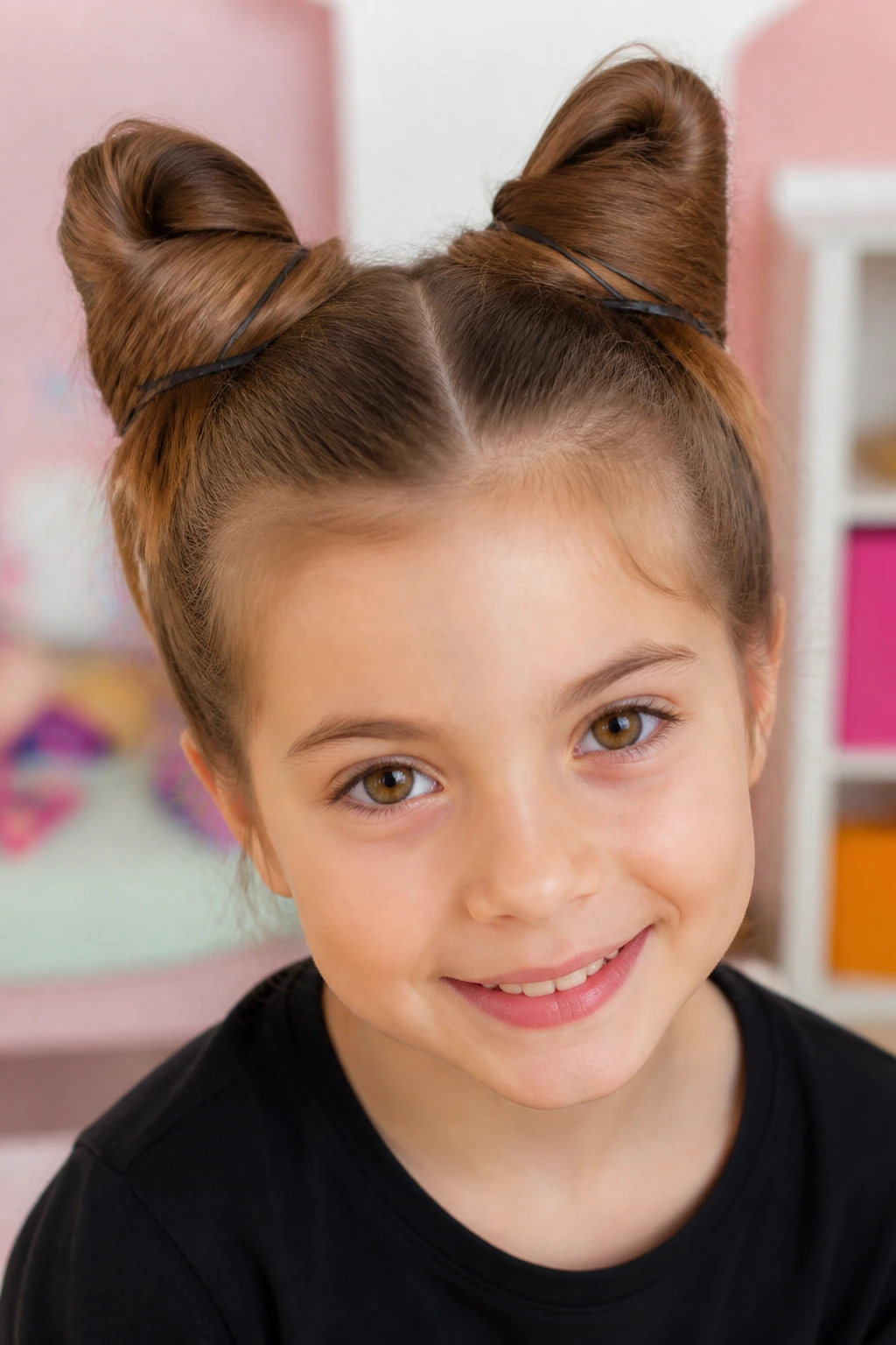 Close-up of a child with cat-ear bun silhouettes