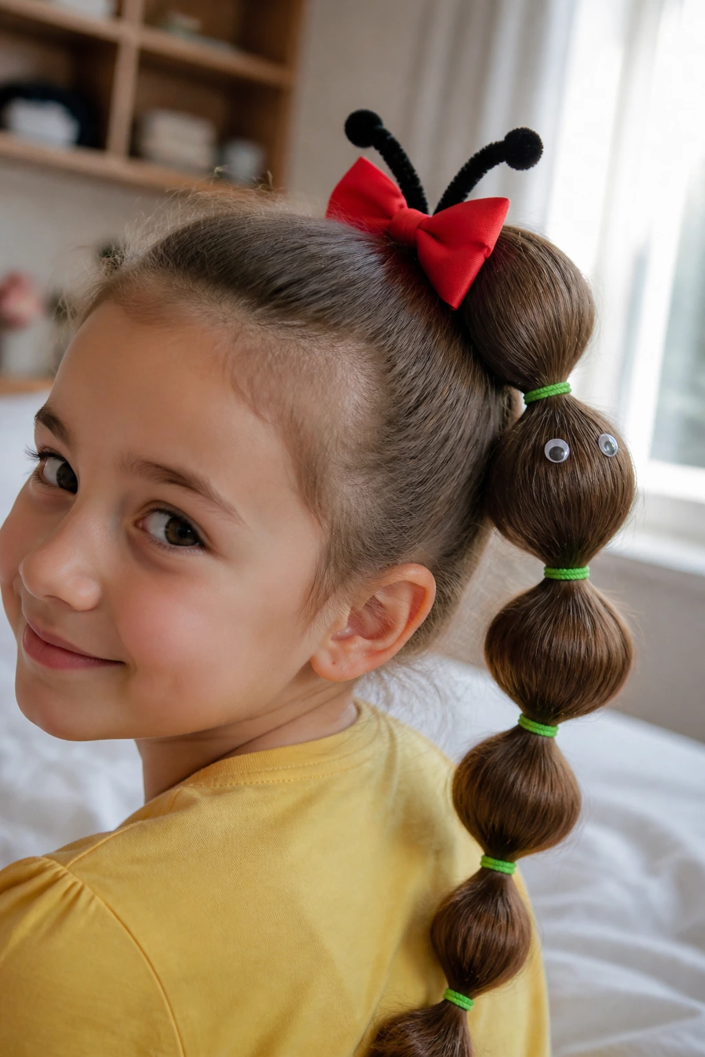 Close-up of real child with caterpillar bubble pony hairstyle featuring green bubble segments and red bow