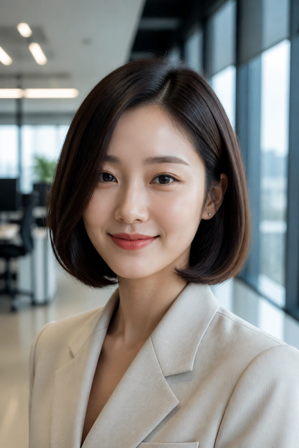 Portrait of a real woman with a C-Curl bob and side part in a bright office