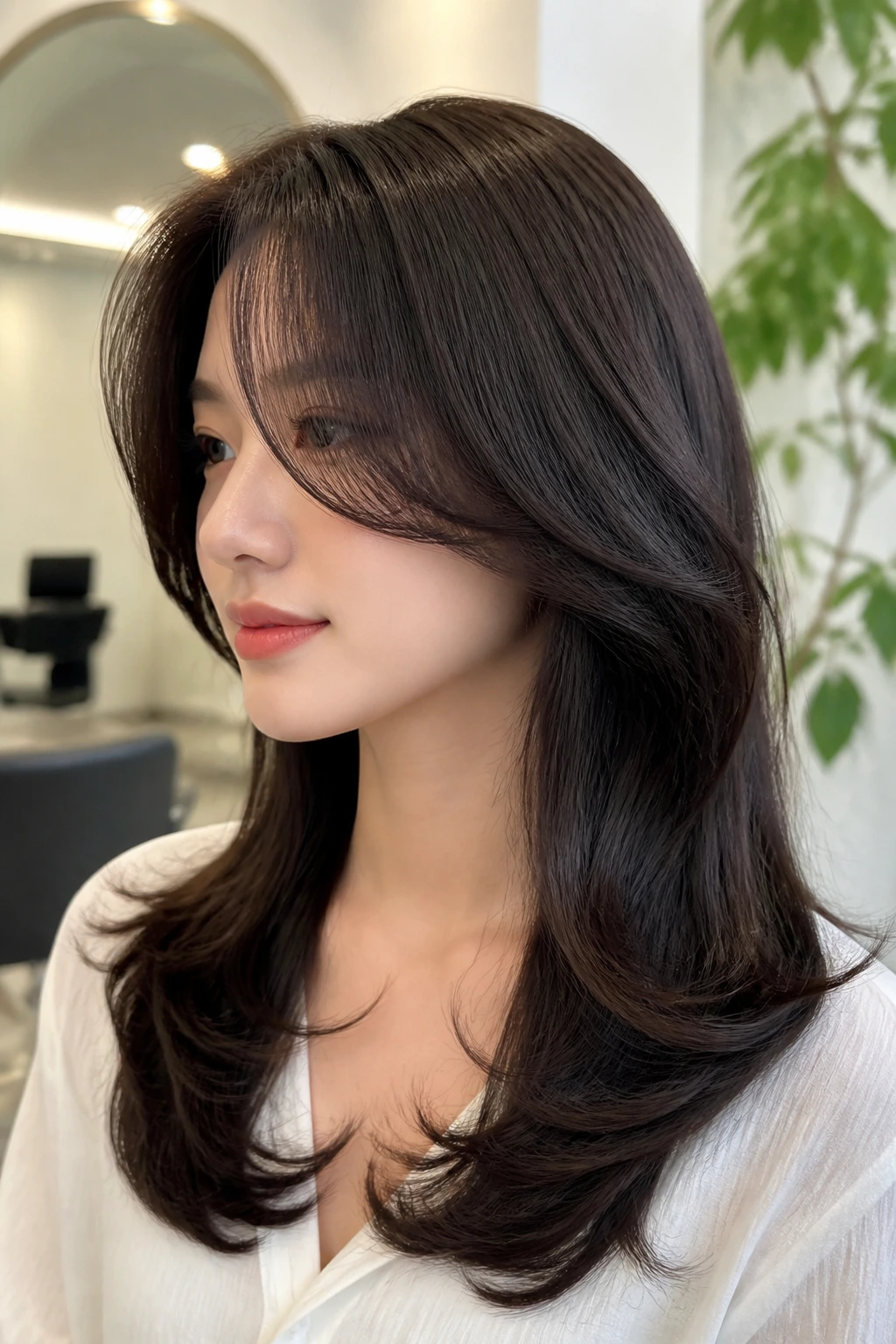 Close-up of C-Curl perm cut with inward-curving ends on a real person