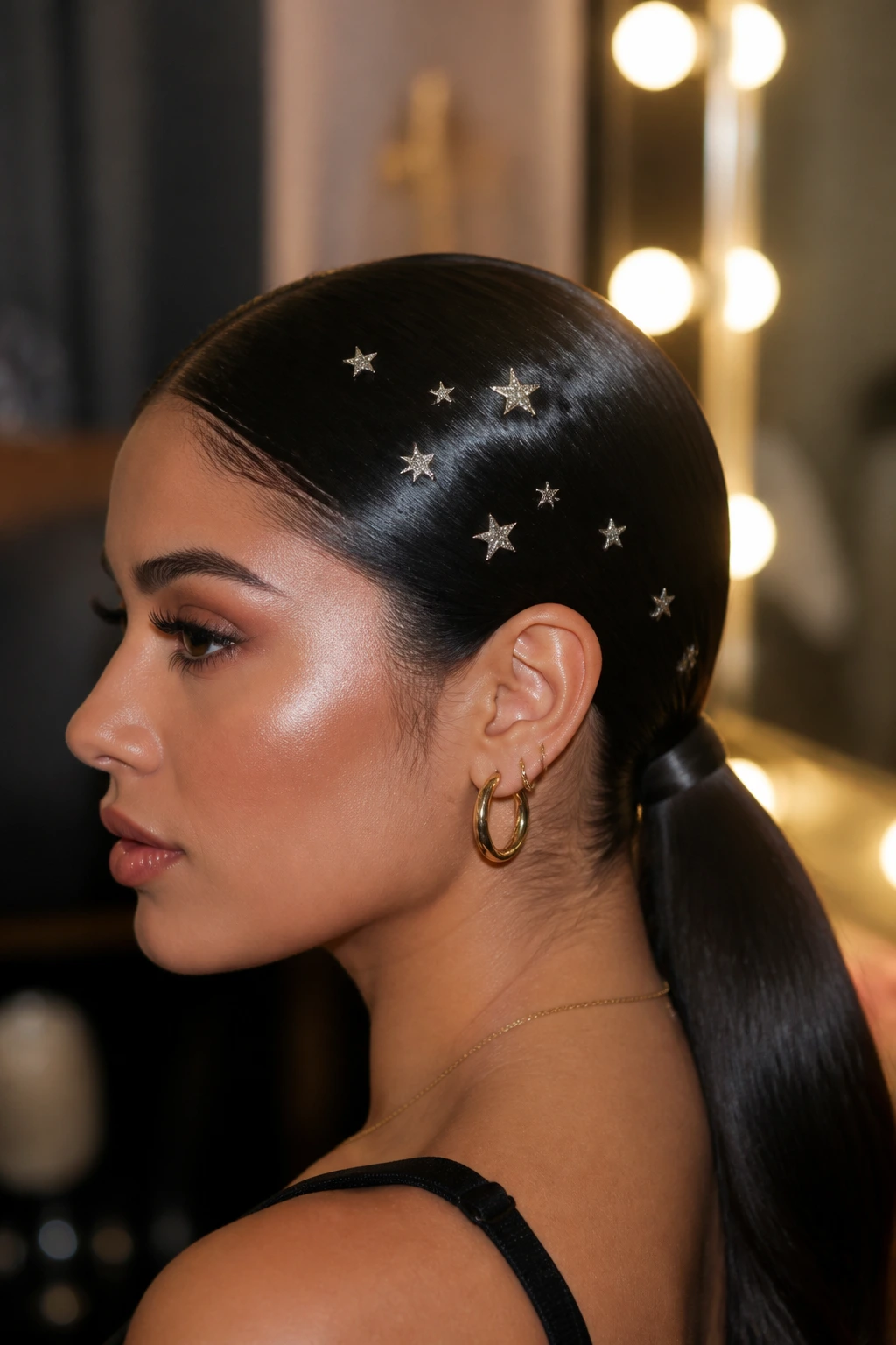 Close-up of a real woman with sleek ponytail and star pins, glossy hair