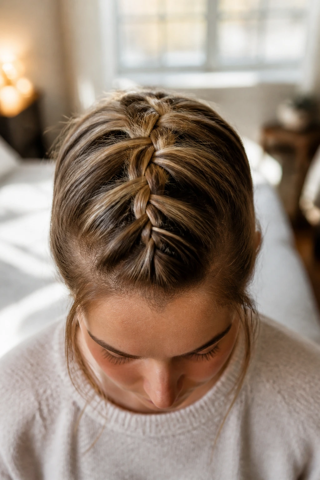 Close-up of a center crown French braid on a real woman in a sunlit bedroom.