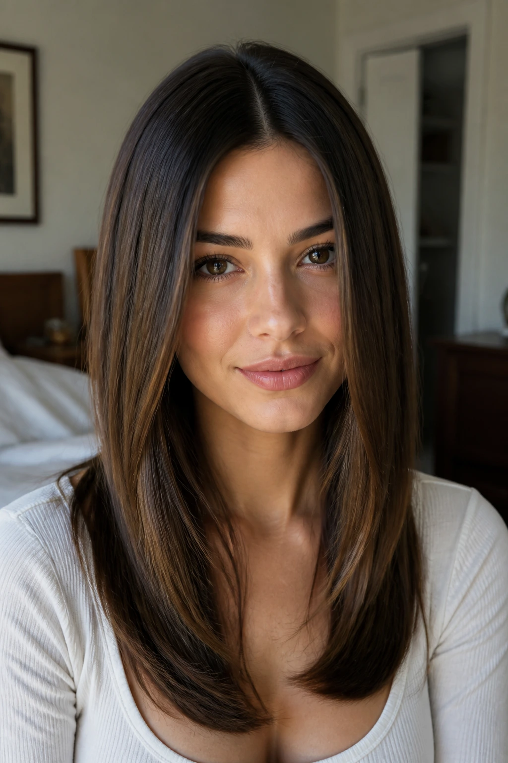 Close-up of a real woman with center-parted soft A-line haircut