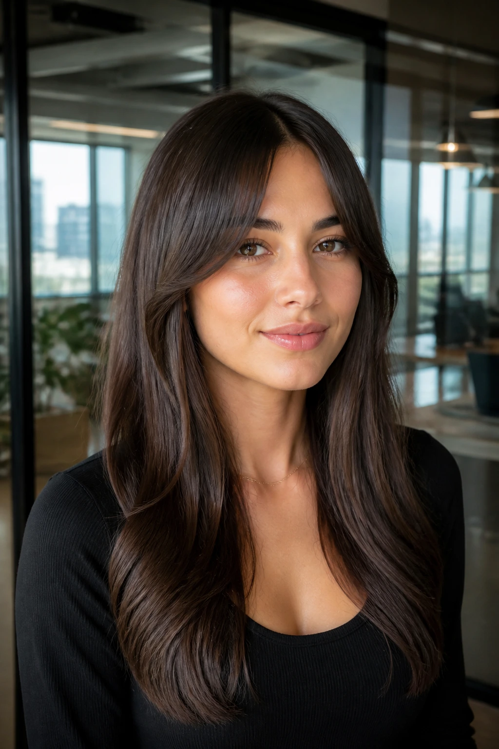 Portrait of a real woman with center-parted bangs and flat iron waves.