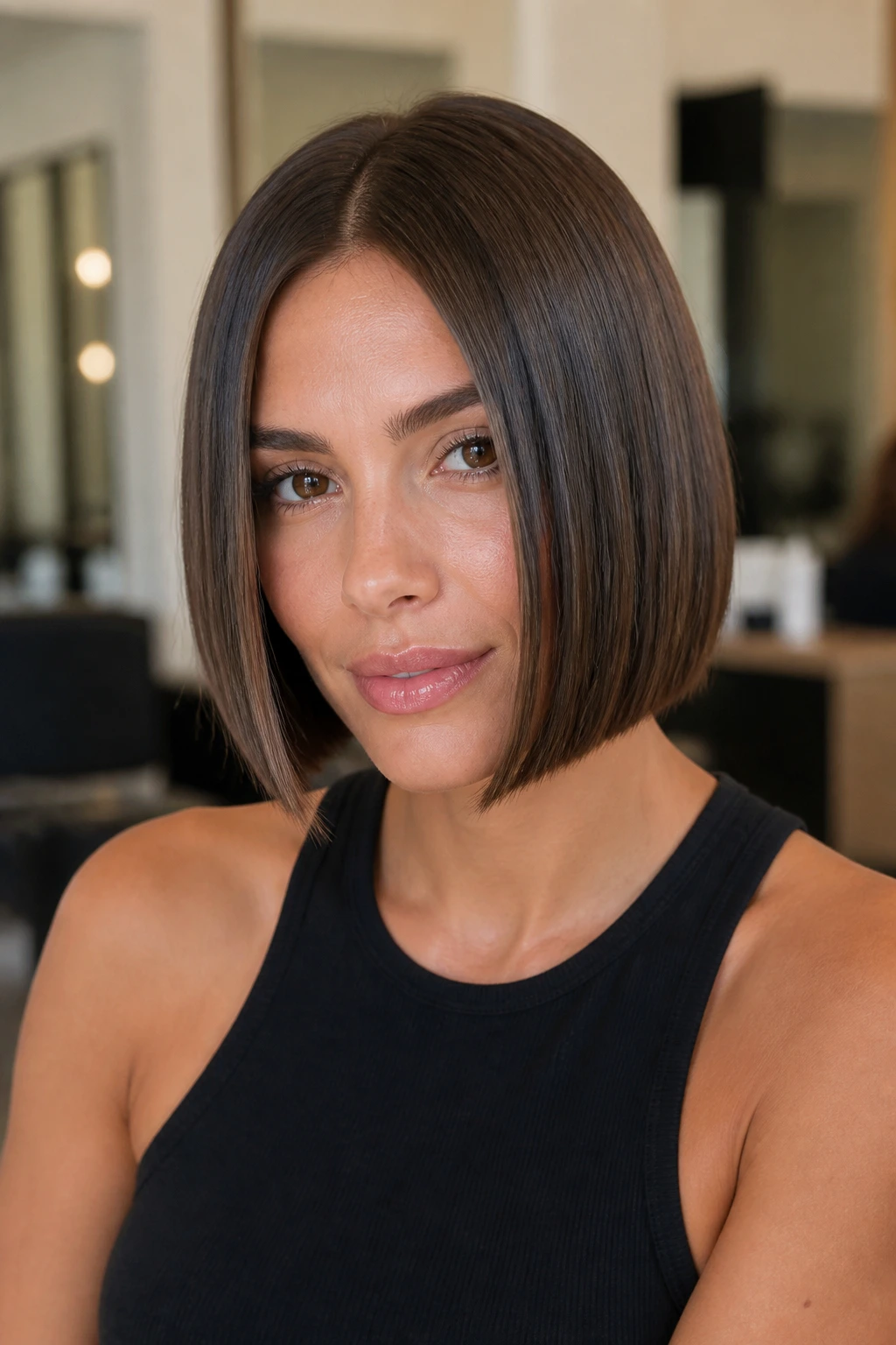 Close-up of a real woman with a center-parted blunt-cut bob reflecting light.