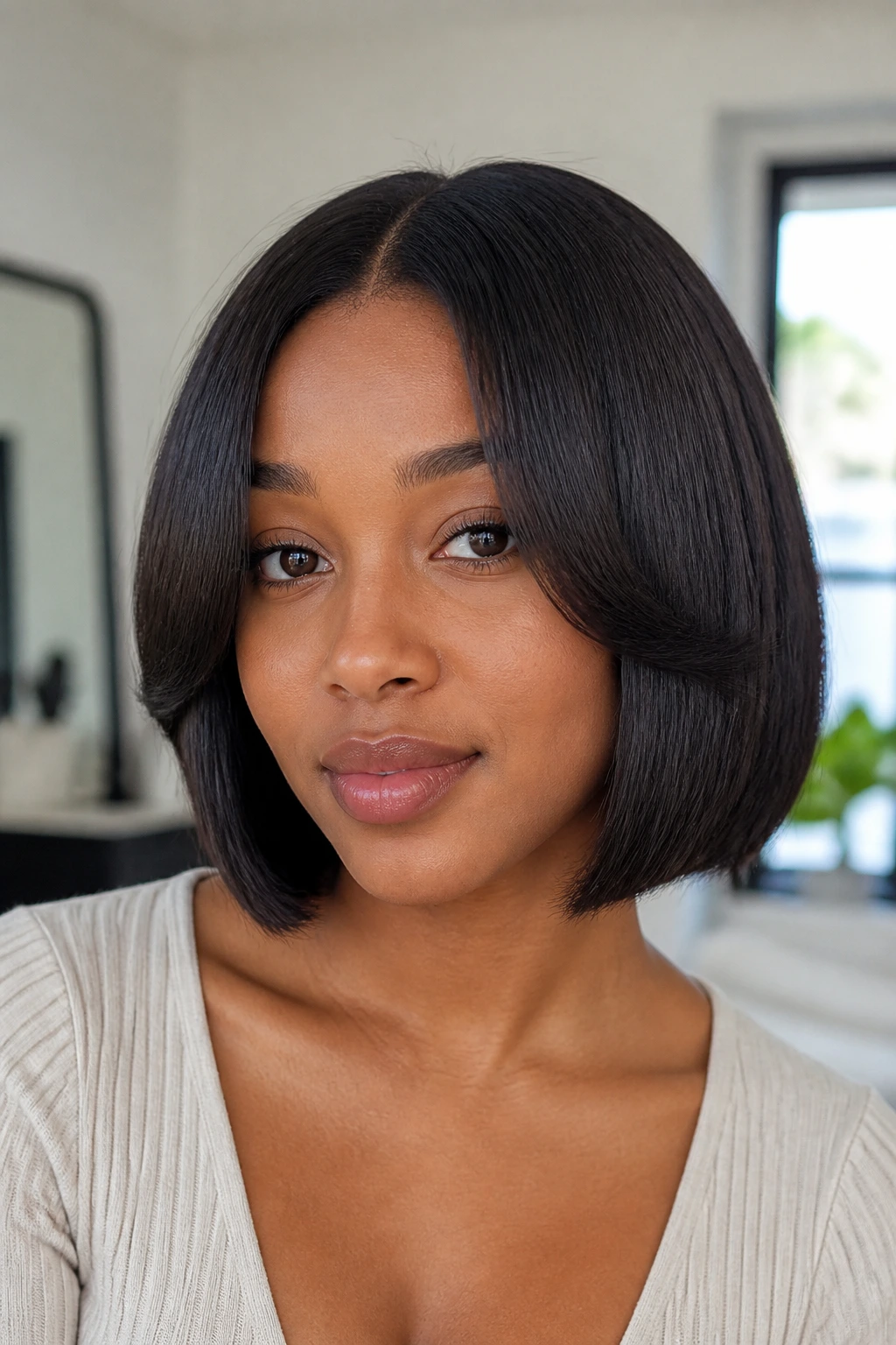 Close-up of a real woman with a minimalist center-part bob and curtain bangs in natural light