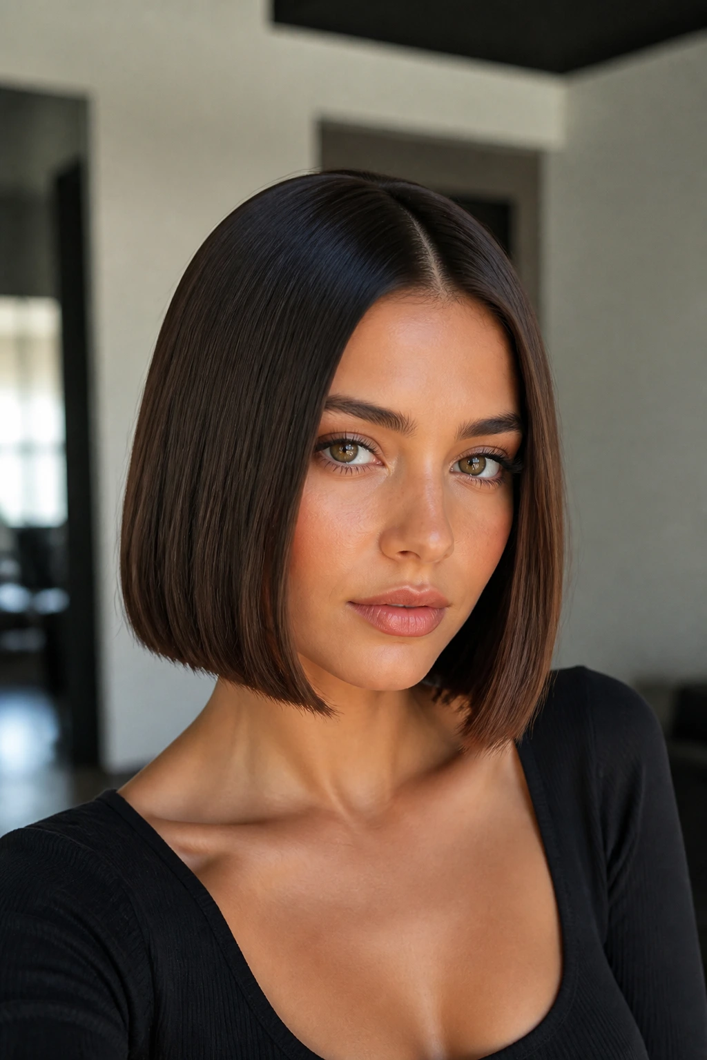 Close-up of a real woman with a sleek center-part bob and glossy shine.