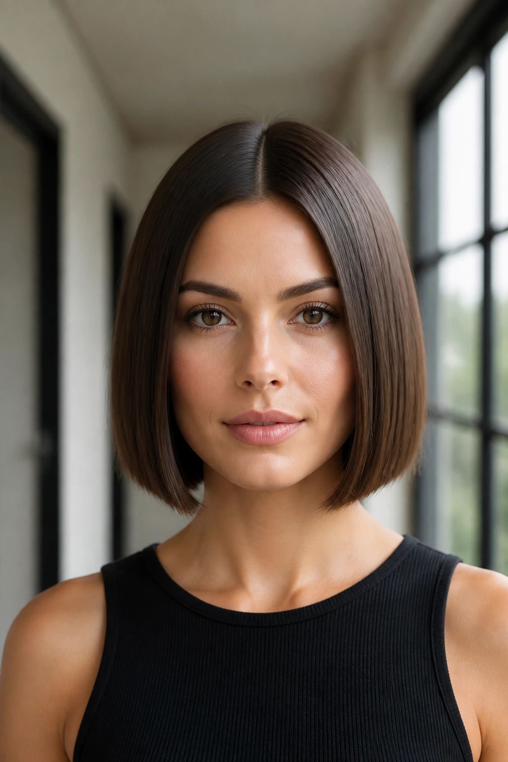 Close-up of a real woman with a sleek, center-part bob in glossy finish