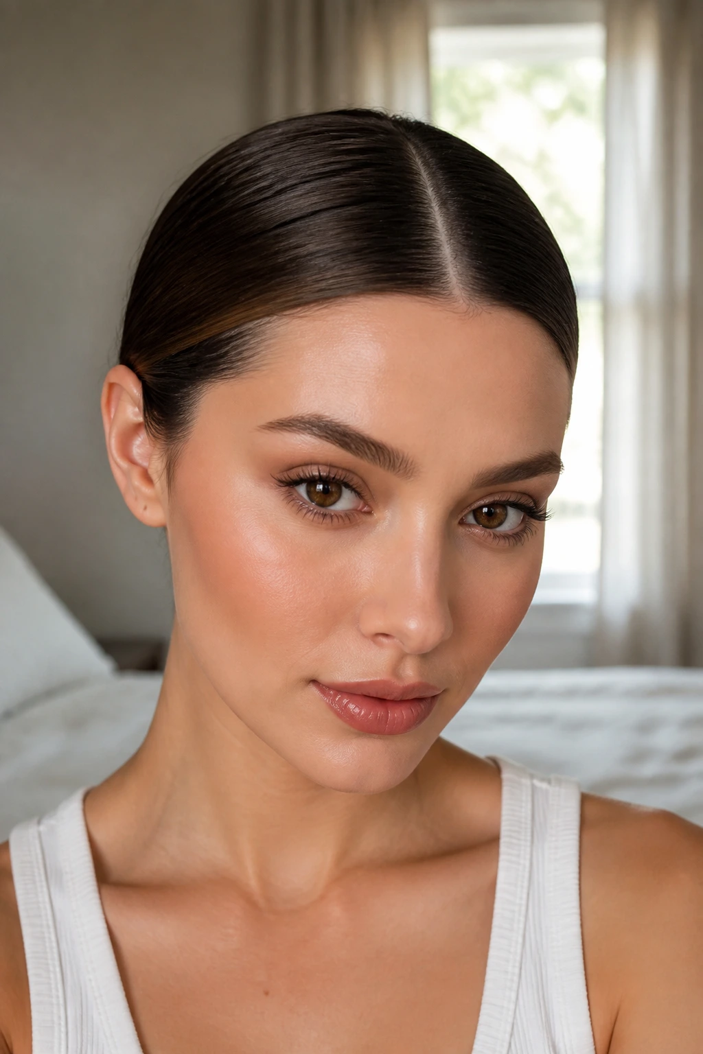 Close-up portrait of a real woman with a sleek center part and hidden bobby pins