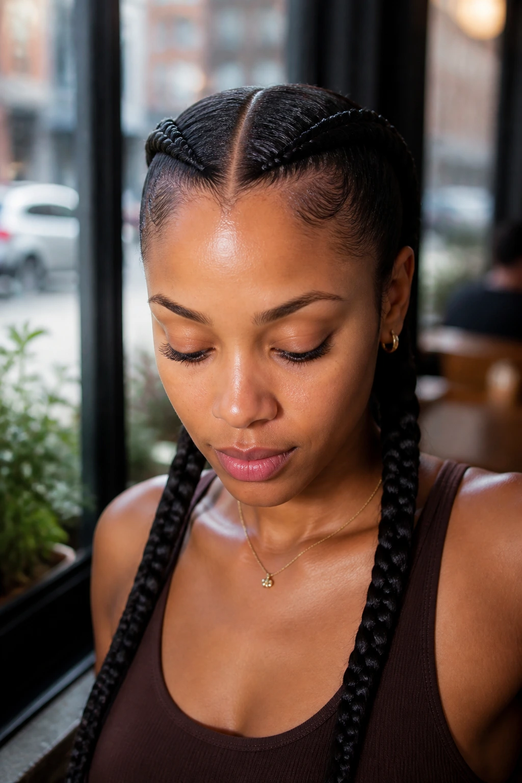 Close-up of a real woman with sleek center-part feed-in braids