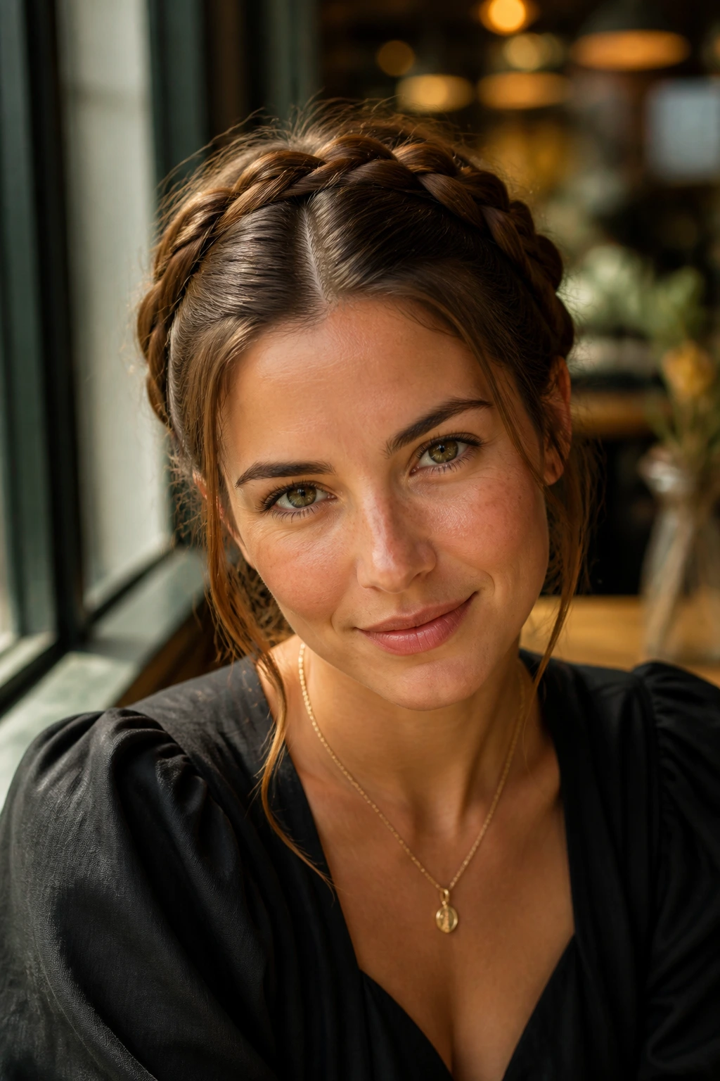 Real woman with center-part crown braid framing her face
