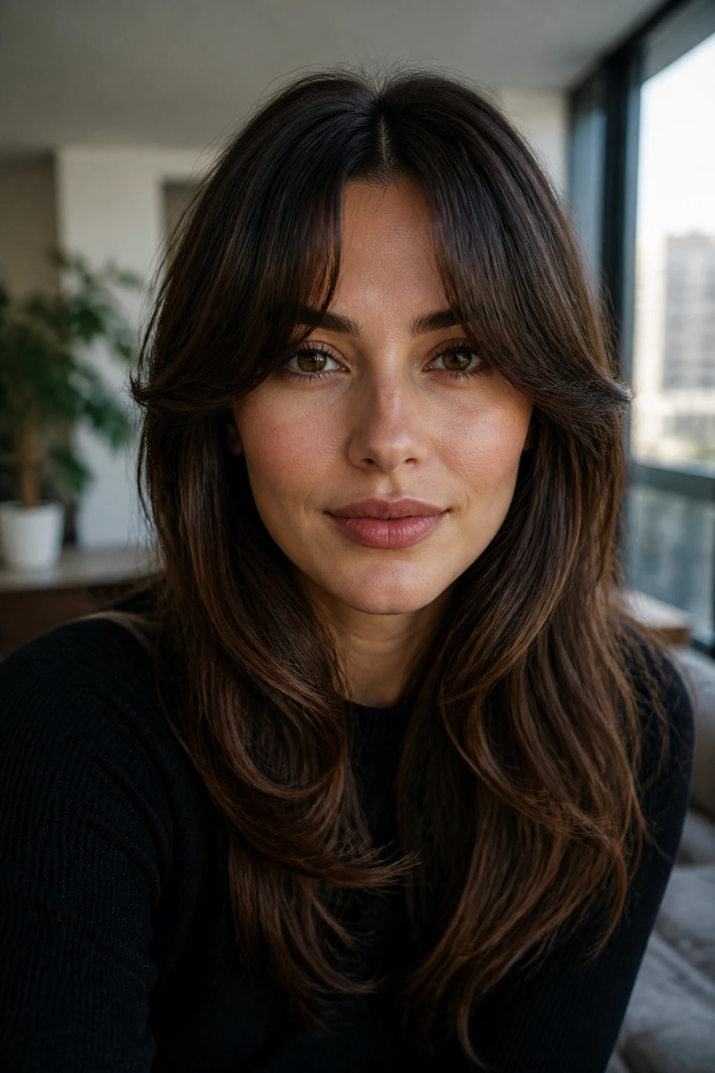 Close-up of a real person with split center-part curtain fringe