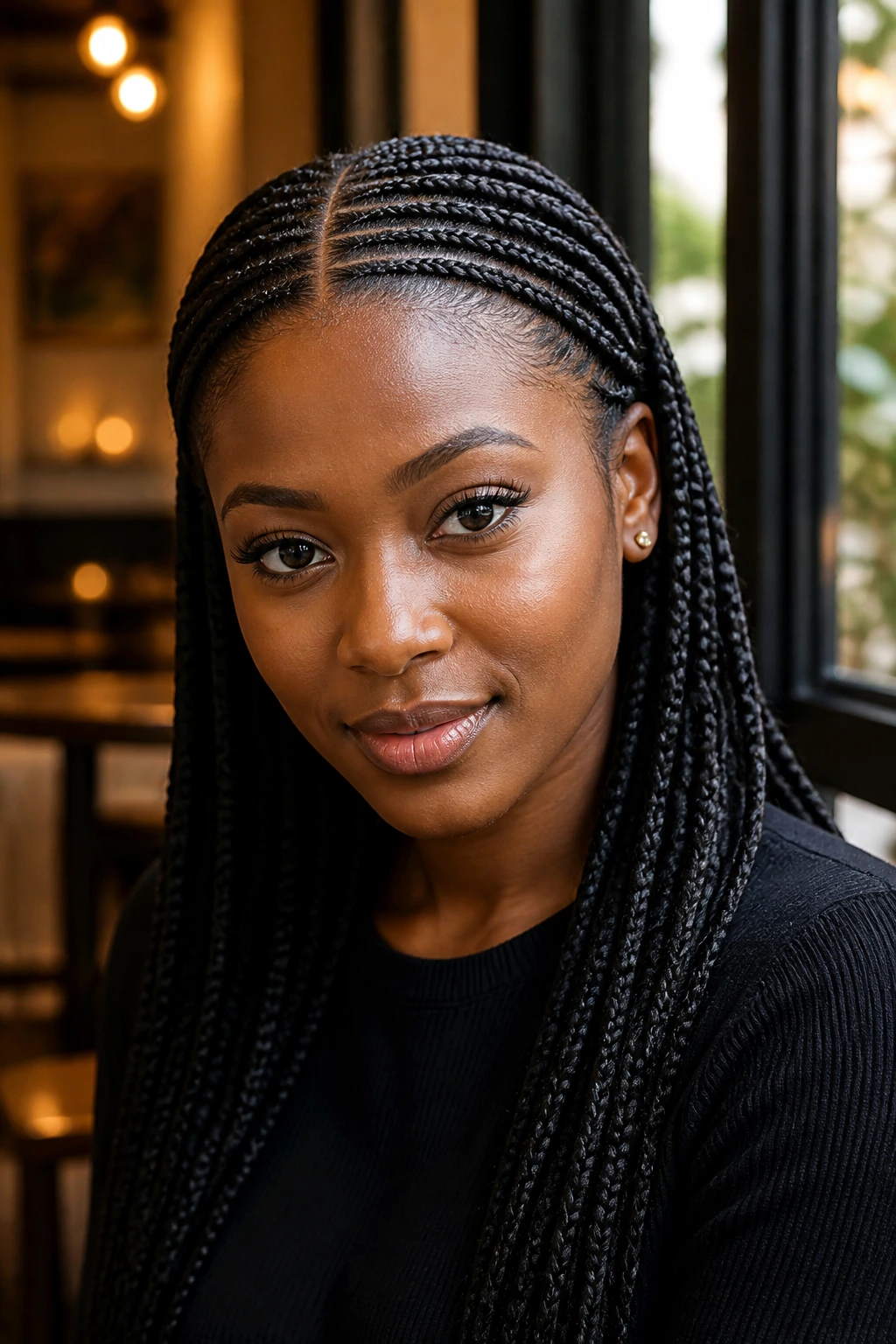 Close-up portrait of a woman with a sleek center-part Ghana braids under warm cafe window light