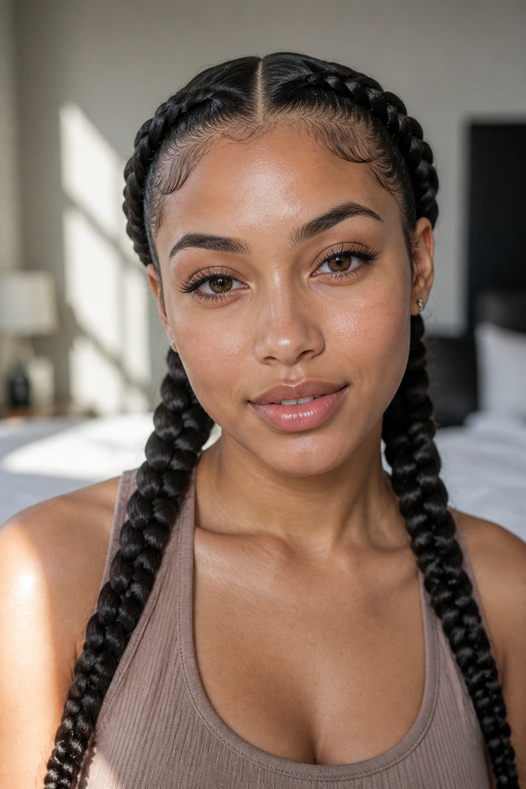 Close-up portrait of a real woman with two center-part goddess braids
