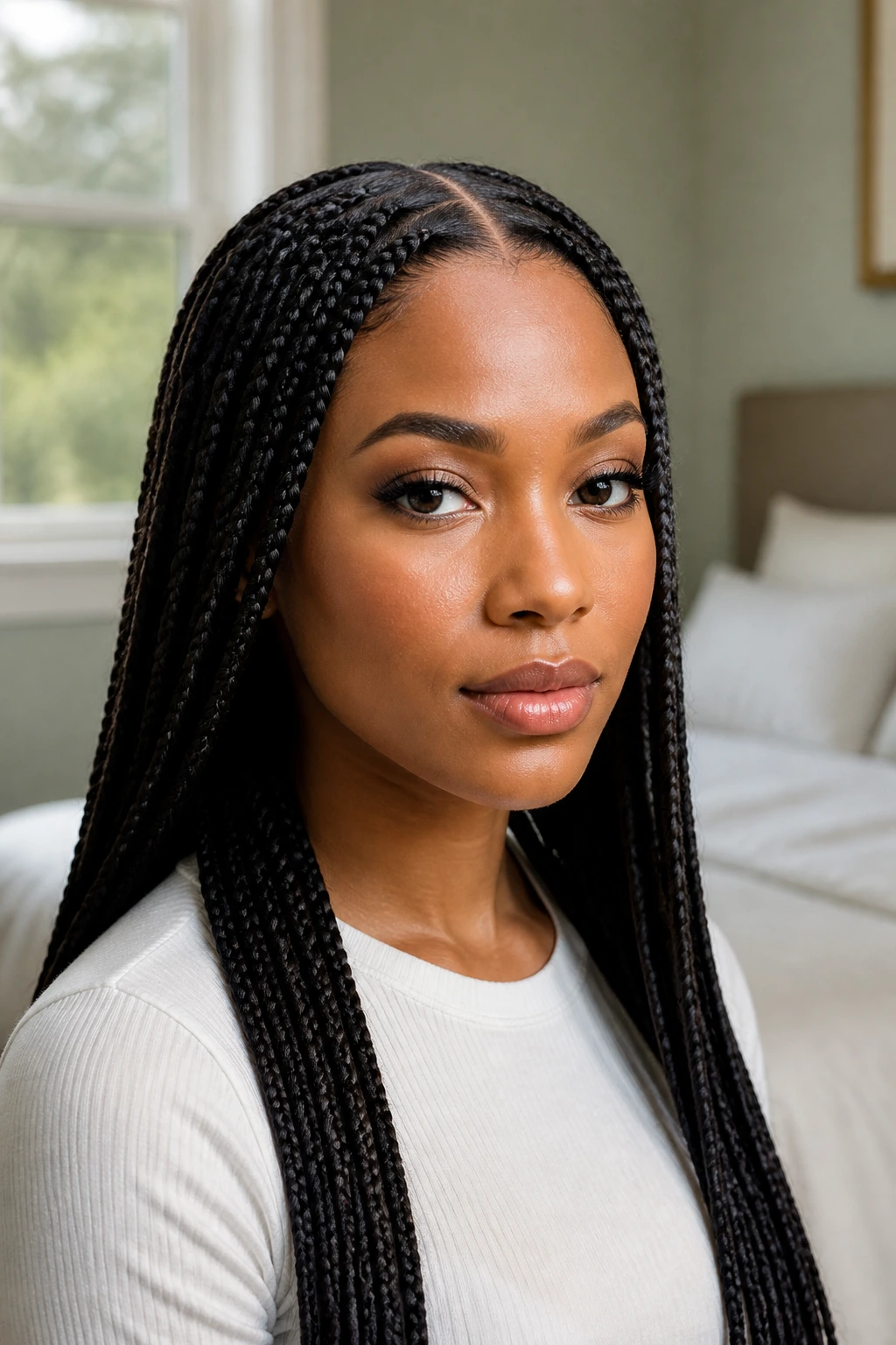 Close-up portrait of a woman with a centered lemonade braid center-part framing her face.