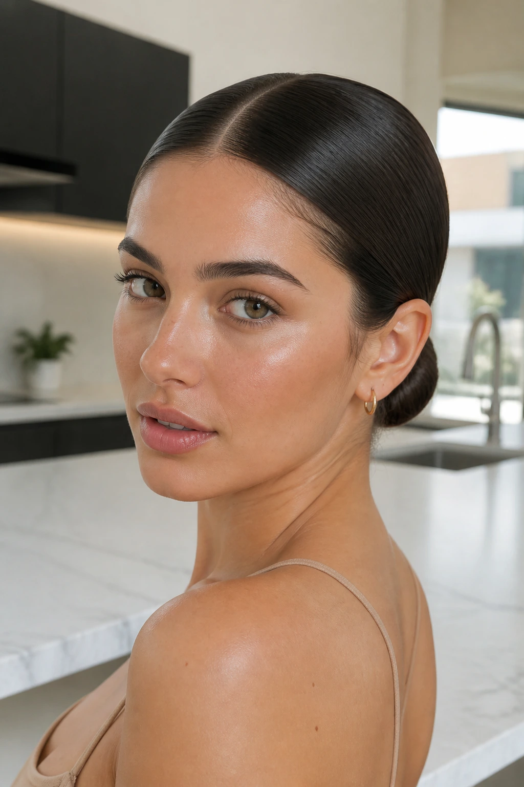 Portrait of a real woman with a sleek center part and low bun.