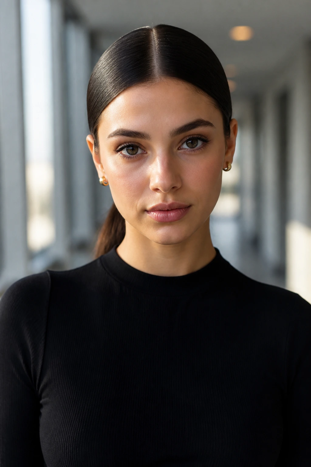 Close-up of a young woman with a sleek center part and low ponytail