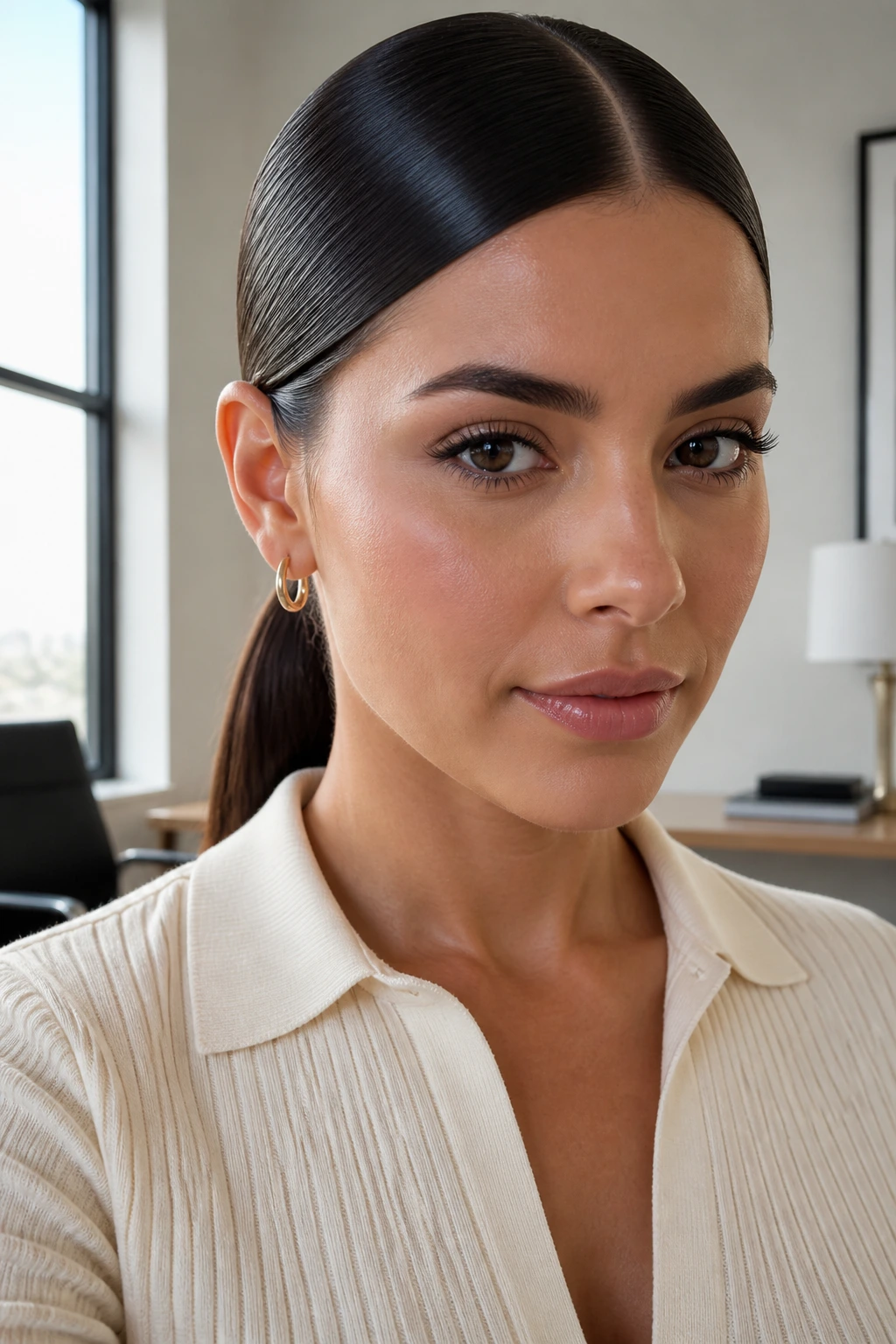 Close-up of a real woman with a sleek middle-part low ponytail sweep