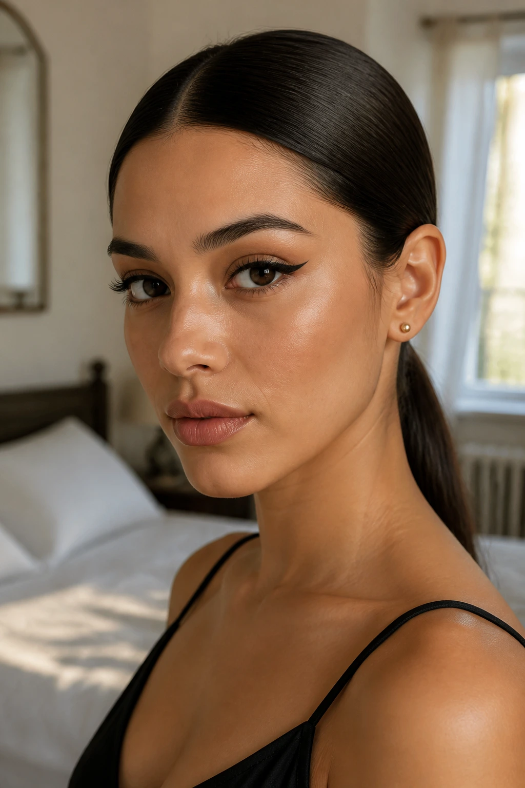 Close-up of a woman with a sleek center-part and low ponytail in soft window light