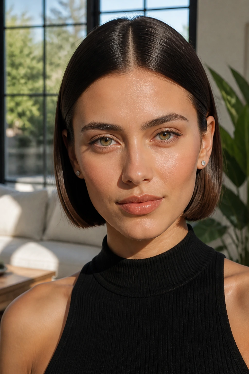 Center-part sleek bob on real woman with straight glossy hair
