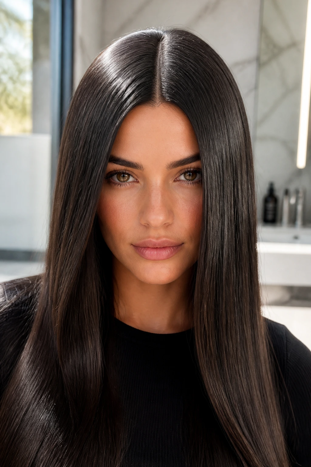Portrait of a woman with a sleek high-gloss center-parted hairstyle