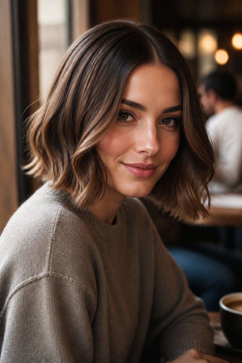 Close-up of a real woman with a center-parted sleek-to-wavy bob in a cafe setting.