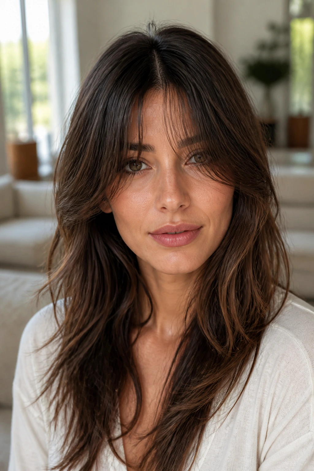 Close-up of a textured center-part fringe grazing the eyes on a real woman.