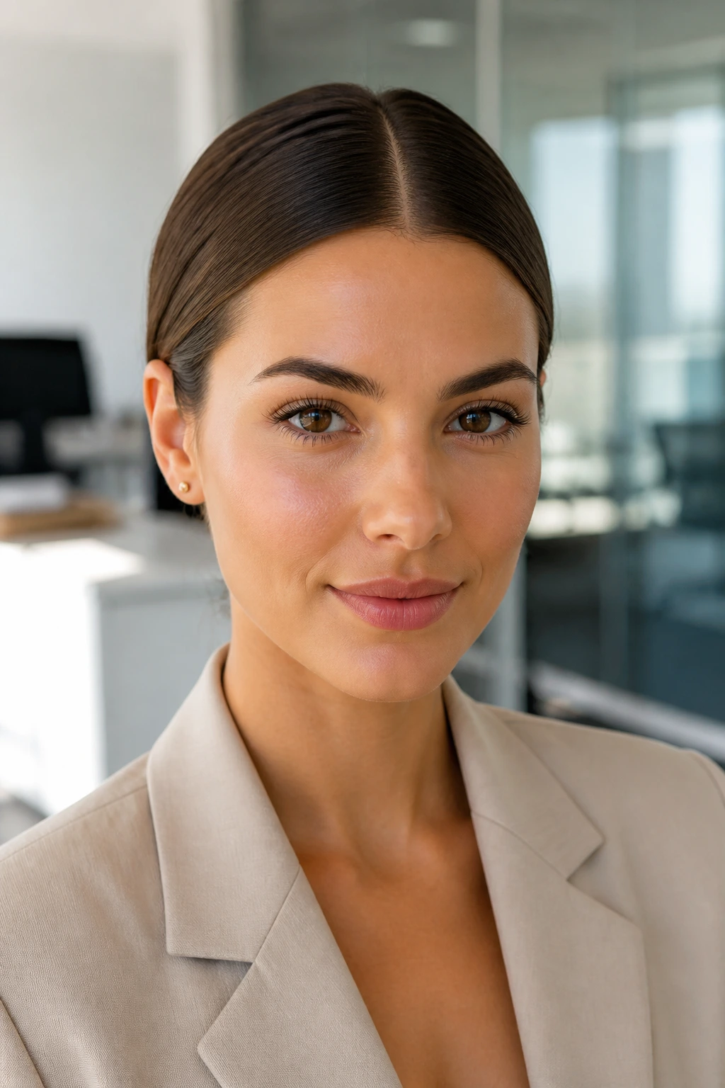 Close-up of a real woman with a sleek center part tucked behind ears in office.
