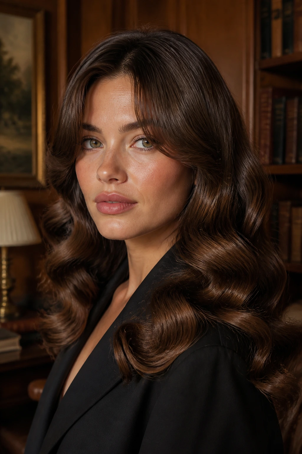 Portrait of a real person with center-parted bangs and vintage S-pattern waves