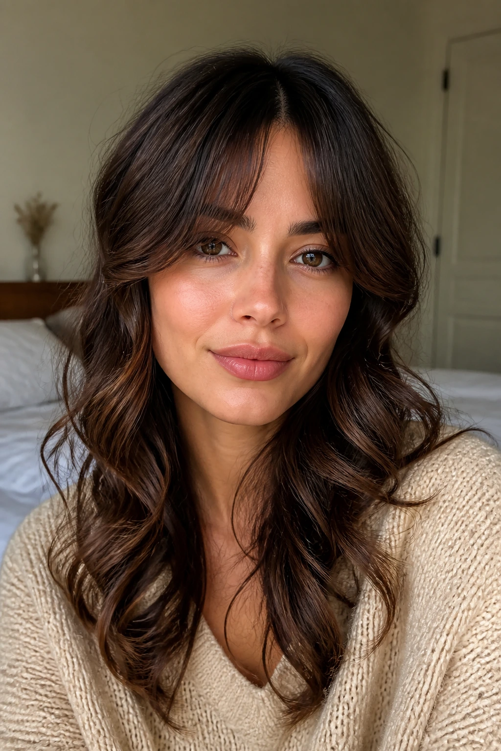Close-up portrait of a real woman with center-parted cascade wavy bangs framing an oval face.